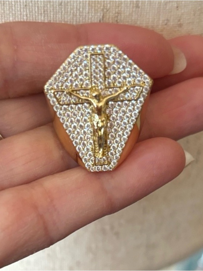 Gold Crystal Crucifix Unisex Ring  Gold Tone